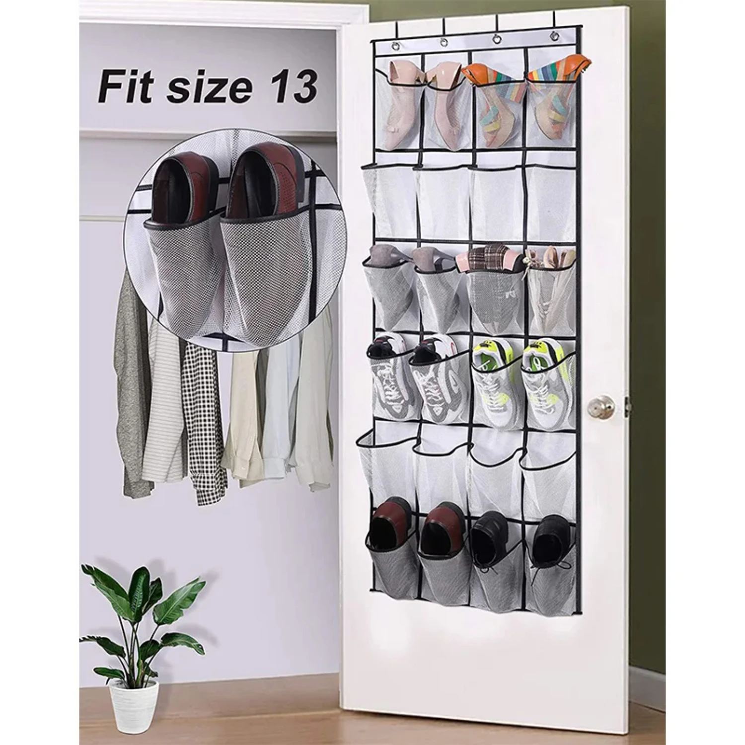1x 24 Grid Wall-mounted Sundries Shoe Organiser Fabric Closet Bag Storage Rack Mesh Pocket Clear Hanging Over The Door Cloth Box