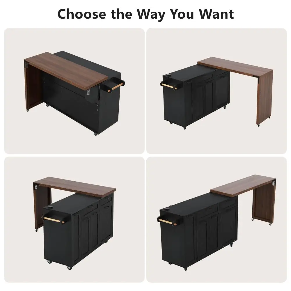 Kitchen Island Extendable Table Seating Storage Hidden Trash Cabinet Spice Rack Lockable Wheels Mobile, Customized