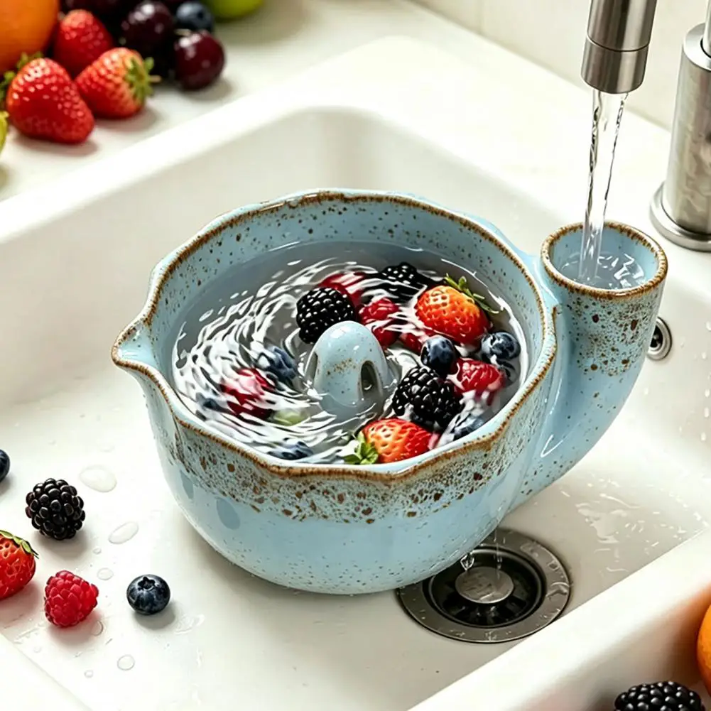 Kitchen Prep Basin with Spout Vegetable Washing Basin Ceramic Berry Washing Bowl with Drainage Holes Capacity for Strawberries