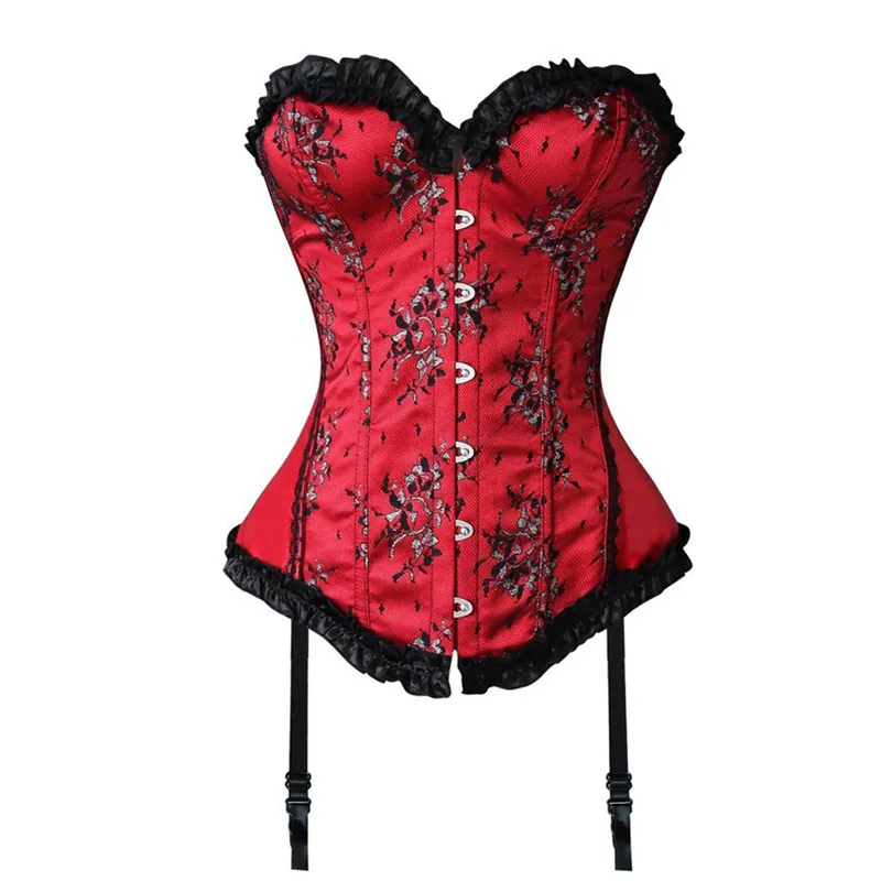 Women Sexy Overbust Corset Lingerie Nightwear Floral Bustiers with Pleated Lace Waist Slimming Corset Underwear Vintage Korsett