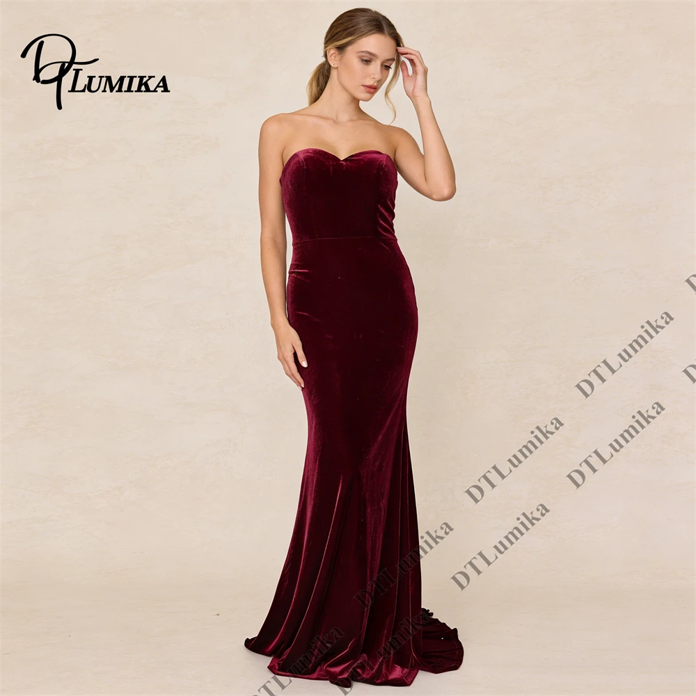 DTLumika Classy Burgundy Velvet Evening Dress for Women 2026 Strapless Mermaid Long Prom Party Gown Customized Color & Size