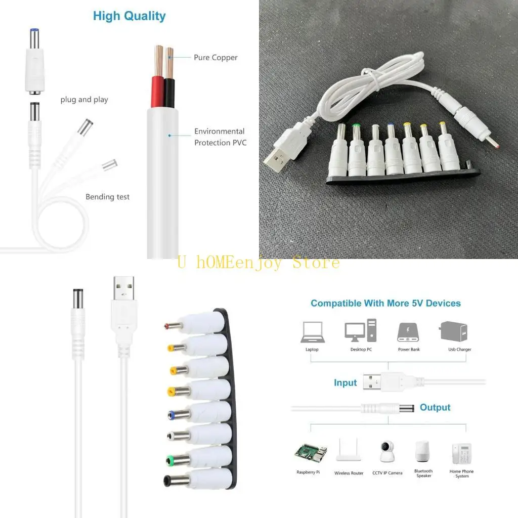 B0KF Usb To DC5V Power Cord Multifunctional with DC5.5x2.1  5.5x2.5 4.0x1.7 8pcs Plugs 8-In-1 USB toDC Charging Cable