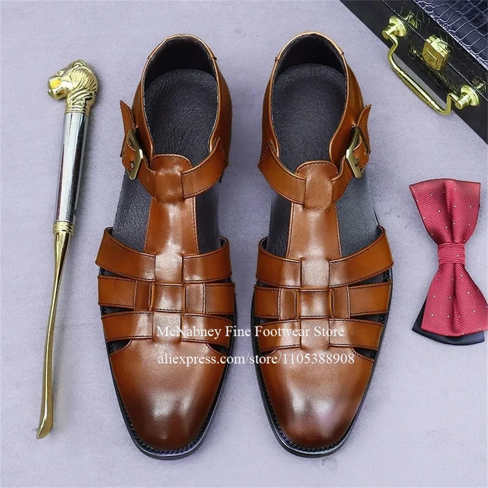 

Classic Men Leather Sandals Shoes Strappy ankle buckle fisher man sandals British Style Dress Sandals for men plus size