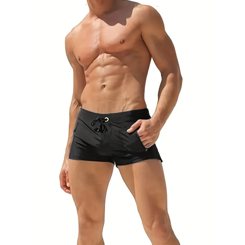 Stretchy Nylon & Elastane Men's Quick-Dry Swim Trunks with Zipper Pocket - Solid Color, Drawstring Waistband for Beach & Pool