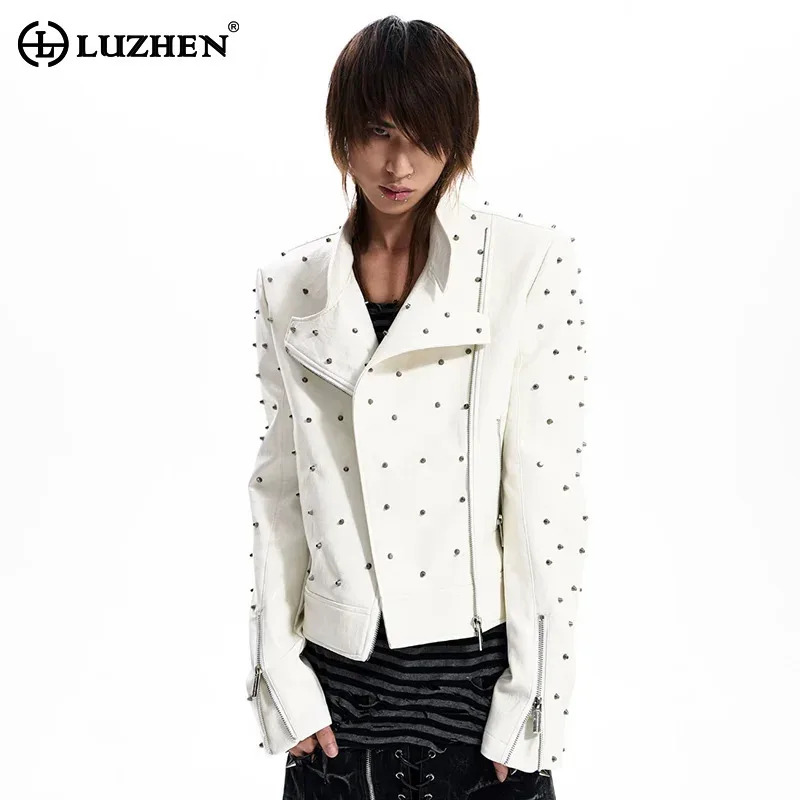 LUZHEN 2026 New Trendy Slant Zipper Placket High Quality Leather Jacket Men's Handsome Solid Color Rivet Decorate Coat JY9083