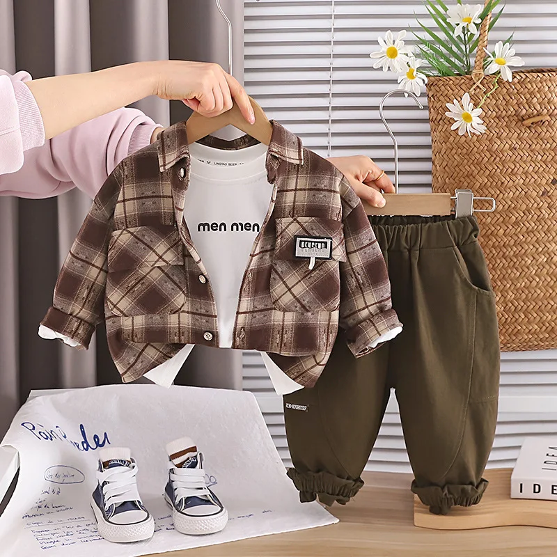 CNUM New Children's Spring Suits Boys' Spring Clothing Baby Outfit Stylish Plaid Shirt Three-Piece Set Kids