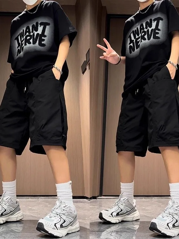 

Summer Thin Functional Style Workwear Shorts Men's Trendy Brand Large Pocket Loose Black Quick Dry Casual Straight Five-Quart...