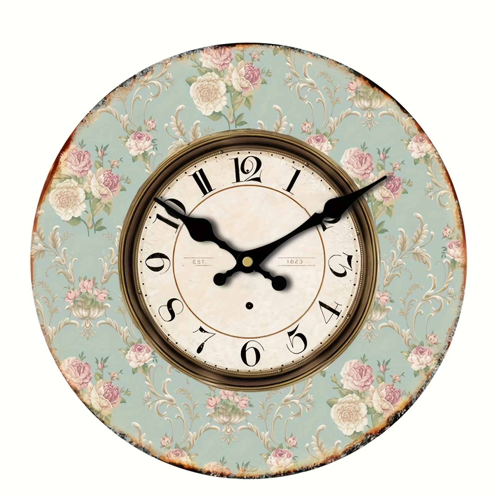 

1pc Floral Round Wall Clock For Home Decor Living Room Rustic Clock Retro Clock AA Battery (not Included)