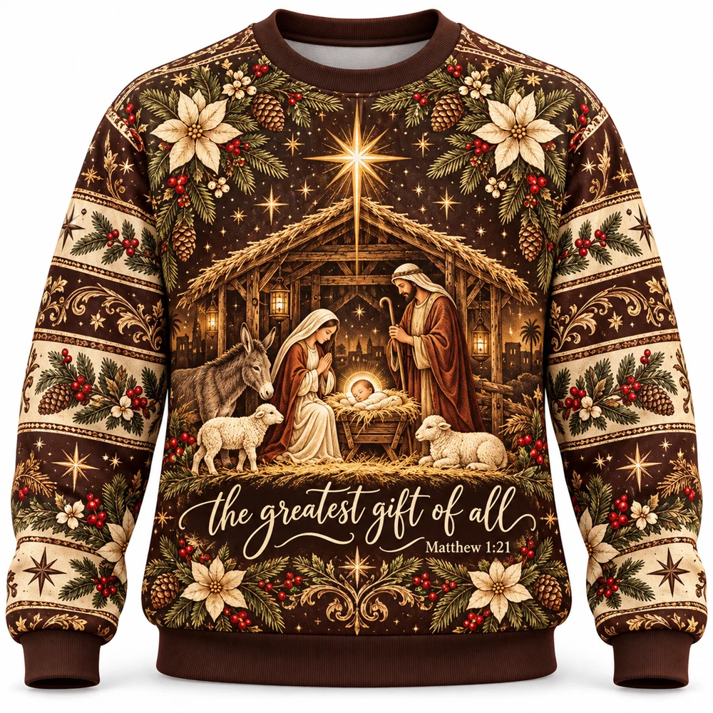 Nativity Ugly Christmas Sweater 3D Print Crewneck Sweatshirt for Men Women Baby Jesus Christian The Greatest Gift of All Graphic