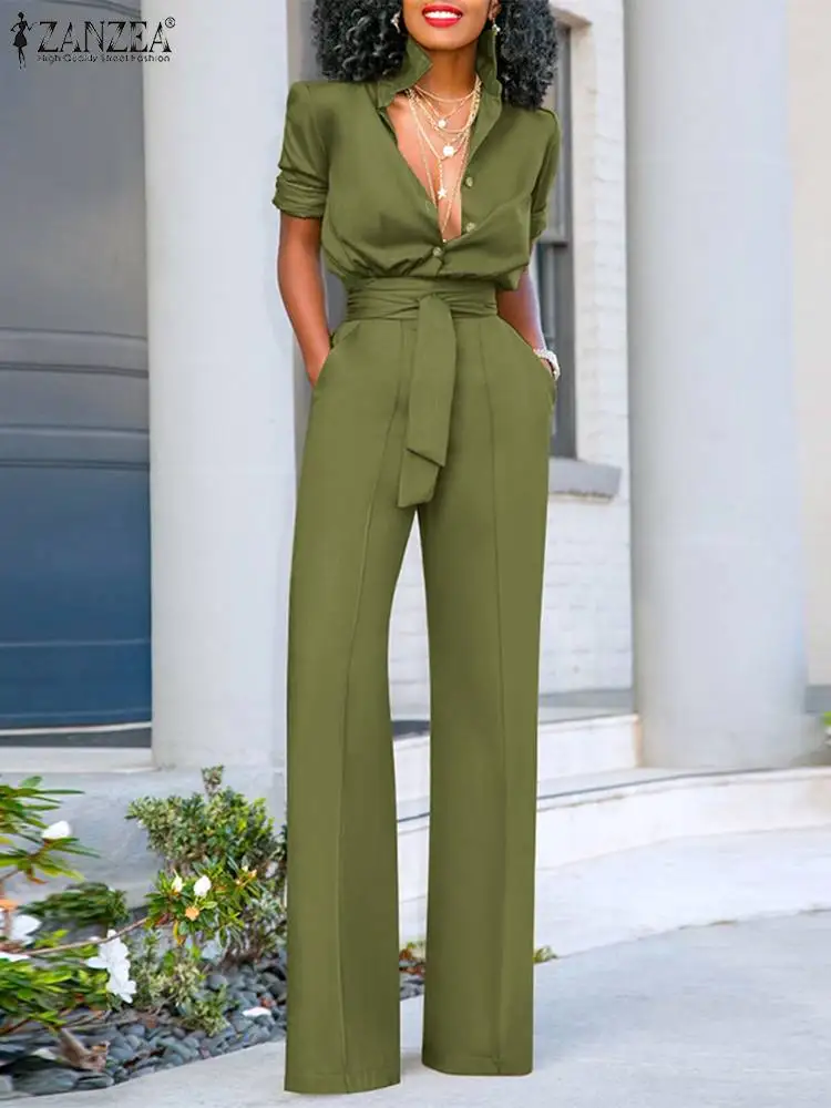 

ZANZEA Oversize Belted Jumpsuit Sexy Lapel Collar Long Romper Office Vintage Loose Playsuit 2024 Spring Long Sleeve Overall