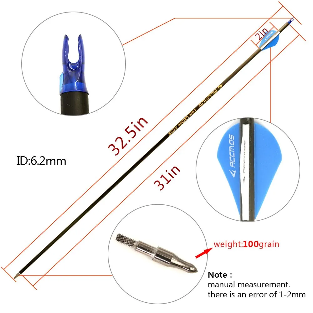 Flecha de carbono puro para arco compuesto/recubierto, 12 piezas ID, 6,2mm, 300, 350, 400, 500, 600, 700, 800