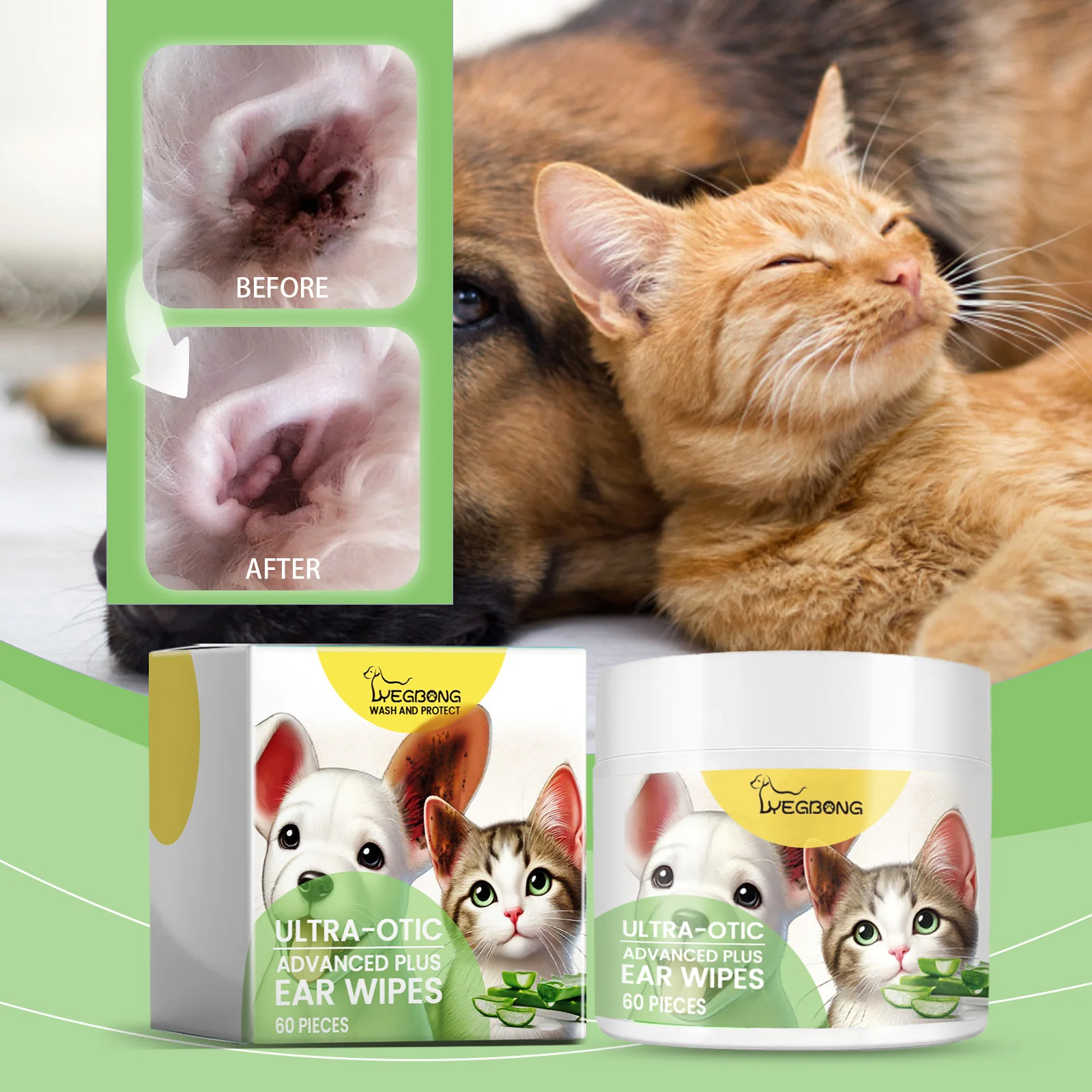 Pet Ear Cleaning Wipes Mild Soothing Remove Ear Discharge Swelling Ear Odor Itch Relief Hypoallergenic Pet Mild Wet Tissue 60pcs