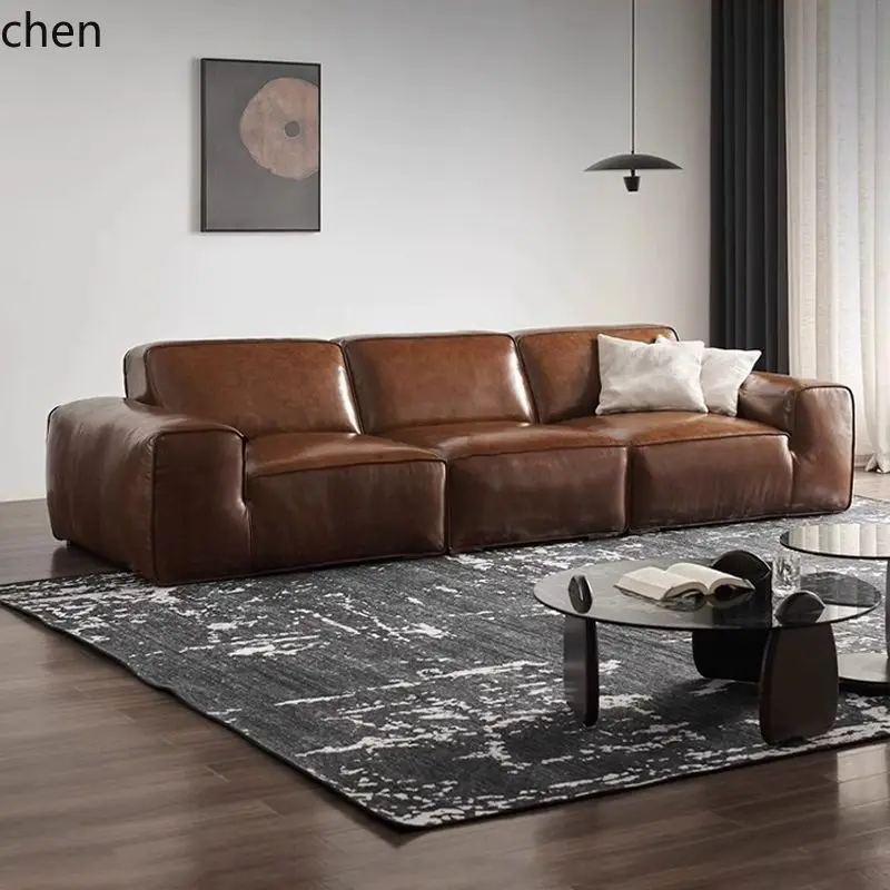 HT Retro Oil Wax Sofa Vintage Style Caramel Straight Row Large Black Cowhide Sofa Top Layer Cowhide Living Room