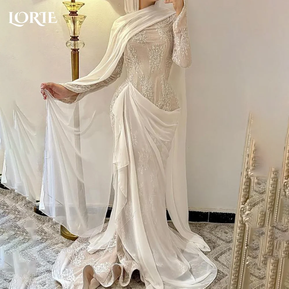 

LORIE High Collar A-Line Muslim Wedding Dress Long Sleeve Corset Bridal Gown Customized Backless Bride DressSaudi Dress Dubai