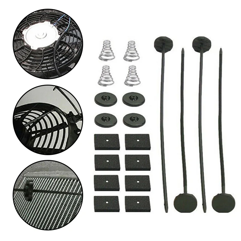 4 Pack Electric Radiator Fan Tie Strap Mounting Kit Zip Ties Straps Tabs Spring Securing Clips Foam Pads Springs Plastic Rods