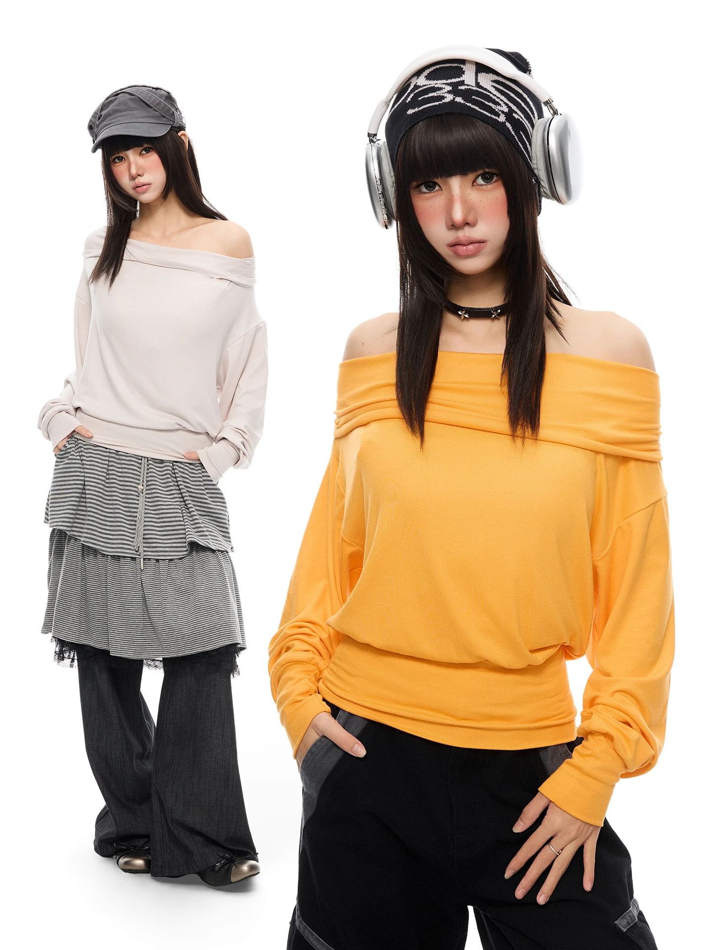 K787 Orange One-Shoulder Loose Long-Sleeve T-Shirt Women's Stylish Versatile Waist-Cinching Top Korean Style Straight Cut
