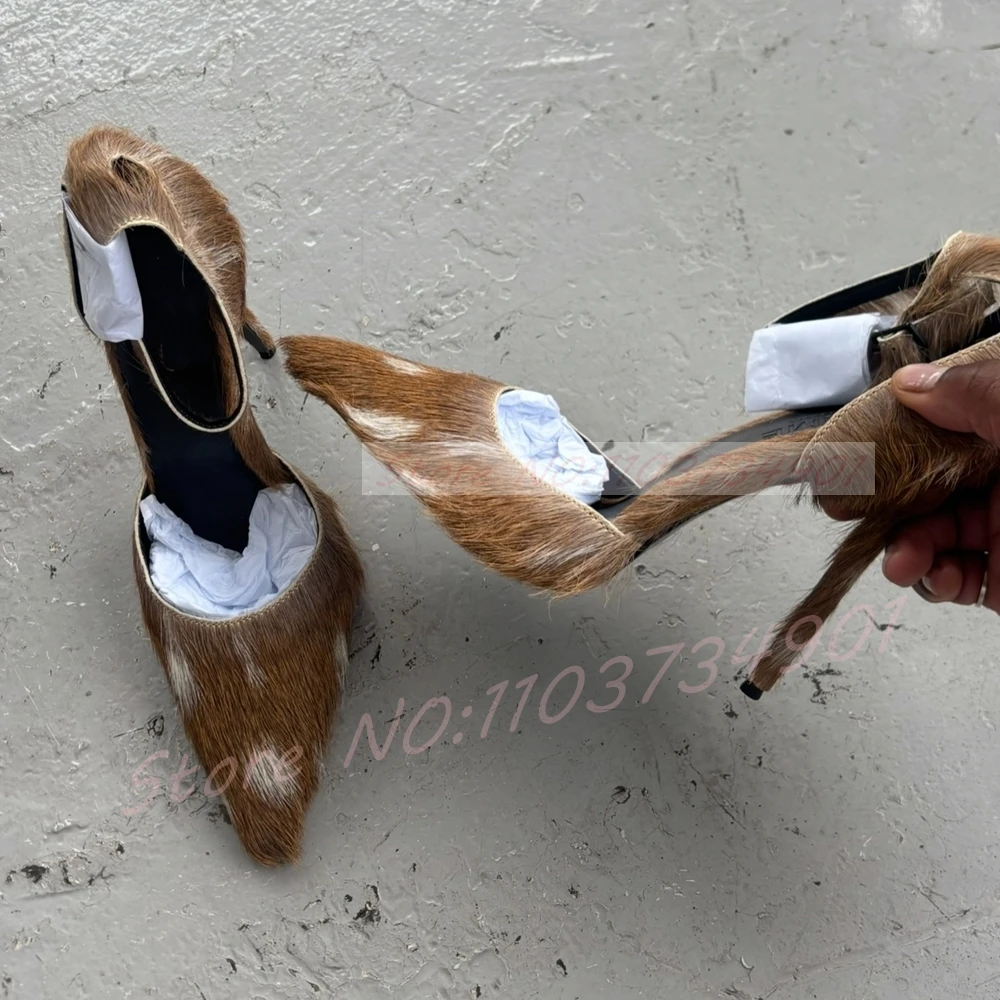 Women's Faux Fur Pointed Toe High‑Heeled Sandals Cutout Ankle Strap High Heels Sandals Runway Party Dress Pumps