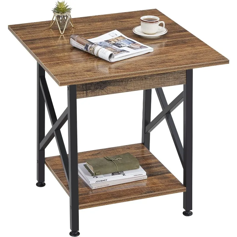 End Table 24 inch Industrial Design Side Table with Storage Shelf for Living Room, Easy Assembly Rustic, Rustic Walnut