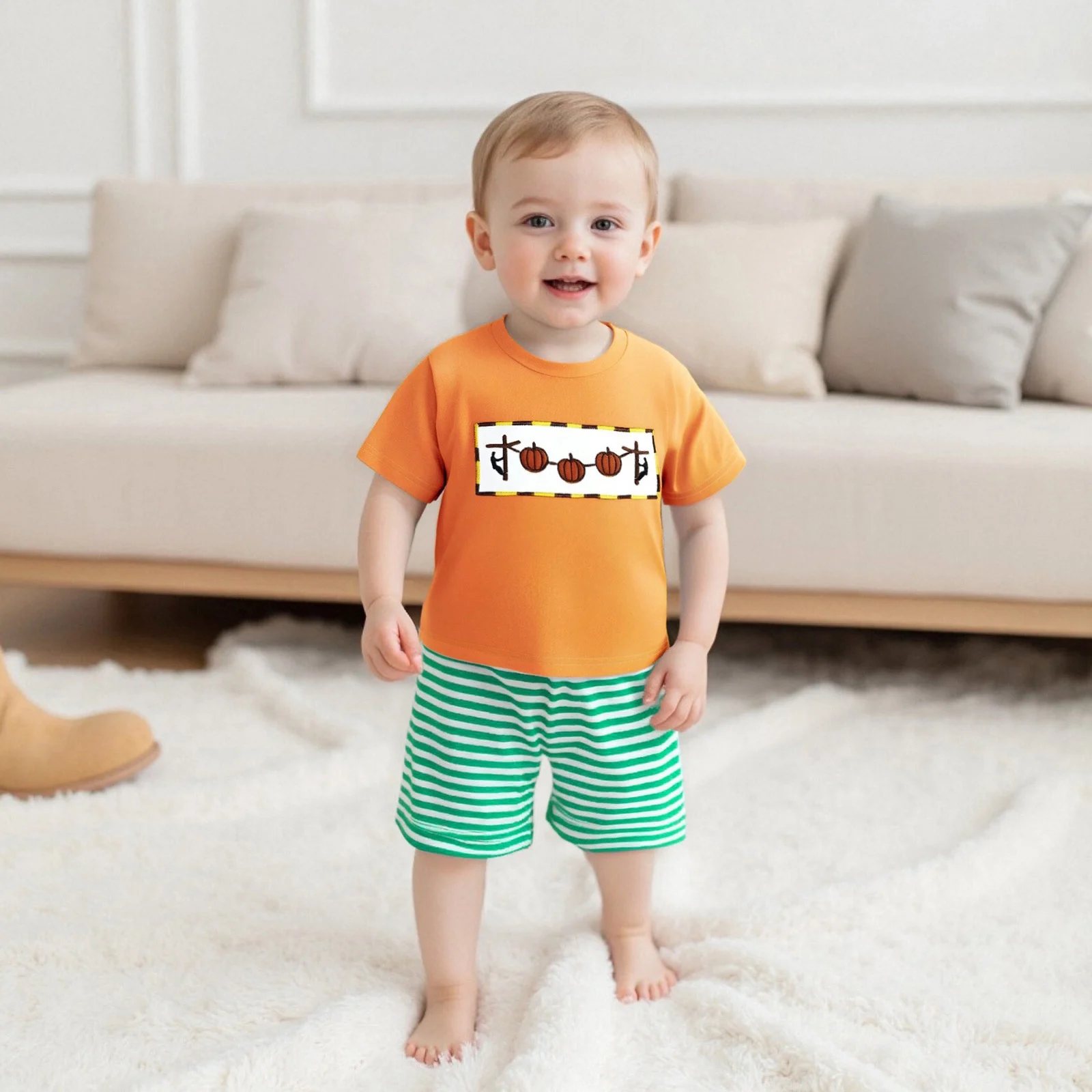 

Детские летние наряды для маленьких мальчиков, футболка с короткими рукавами и вышивкой тыквы, эластичные полосатые шорты, комплекты одежды