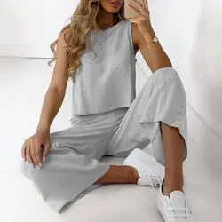 2023 Summer Two Piece Sets Women Sleeveless O-Neck Tank Top Wide Leg Pants Suits Female Casual Cotton Linen Solid Color Outfits