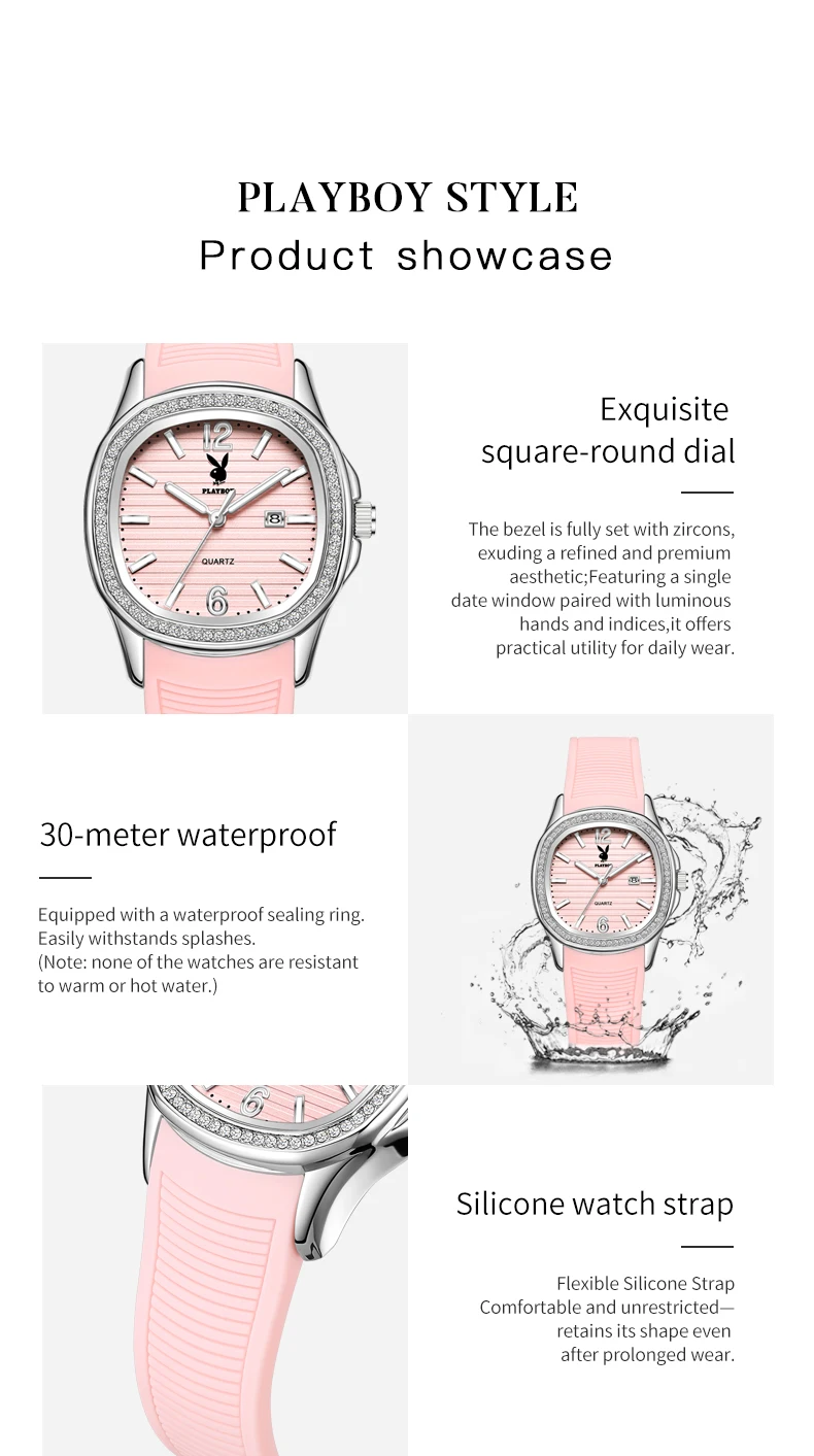 PLAYBOY 3149 Damen-Quarz-Armbanduhren, modisches Silikonarmband, Diamant-Lünette, automatisches Datum, einfache, wasserdichte Damen-Kleideruhren – Detail 5