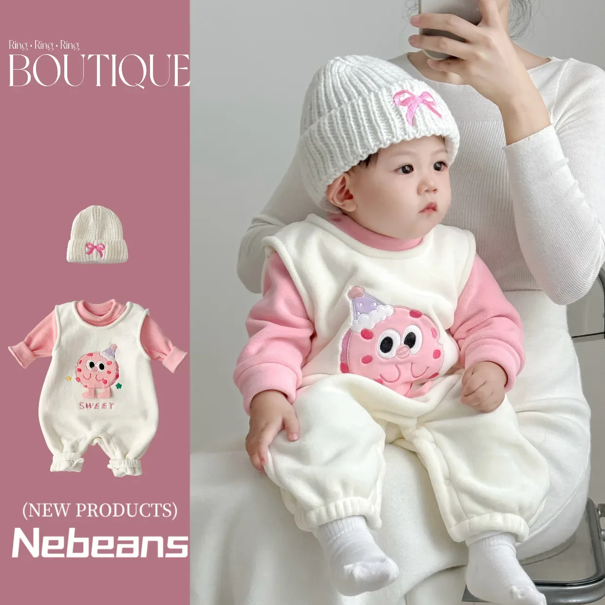 2024 Rompers Autumn/Winter Plus Fleece New Baby Clothing Cute Pink Cake Egg Suspenders Two-piece Suit Bodysuits