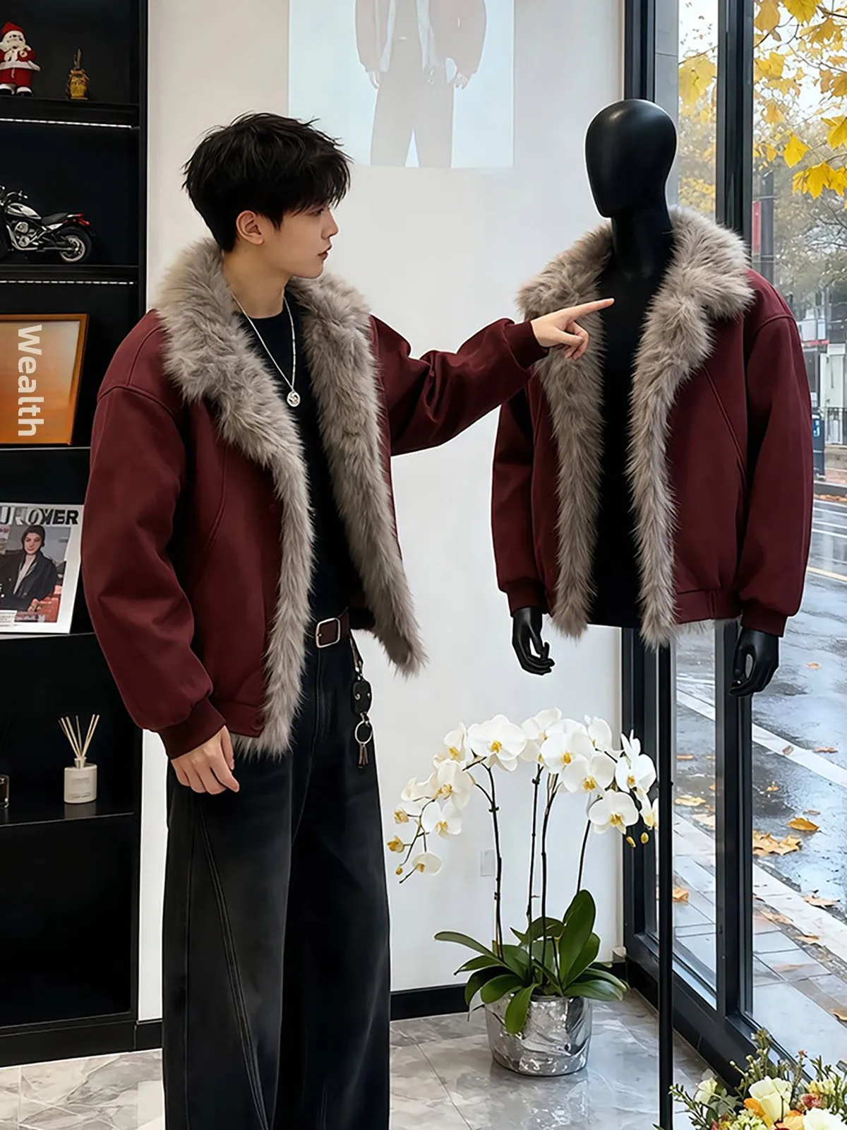 

Red Suede Fur Lined ort Thiened Cotton Jaet Men's Winter Warm Outerwear Casual Sle Zipper Closure Long Sve Coat