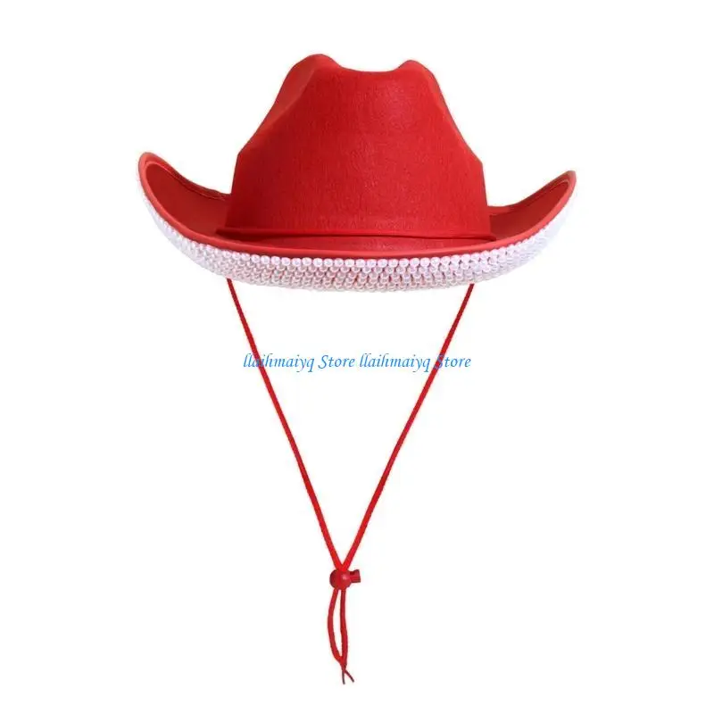 قبعات رعاة البقر 573B مع حبل ذقن قابل للتعديل للحفلات الراقصة والمآدب والحفلات المرصعة بالخرز قبعات رعاة البقر للبالغين في سن