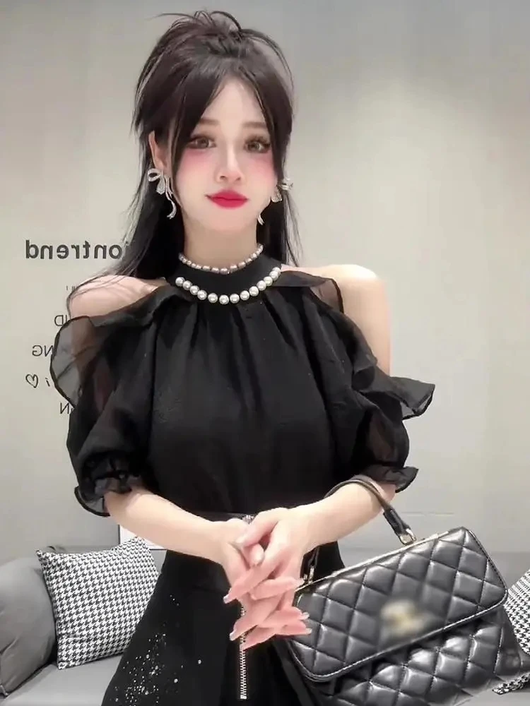 New Summer Off Shoulder Sweet Elegant Chiffon Blouse Fashion Women Round Neck Solid Short Flare Sleeve Shirt Casual Loose Top