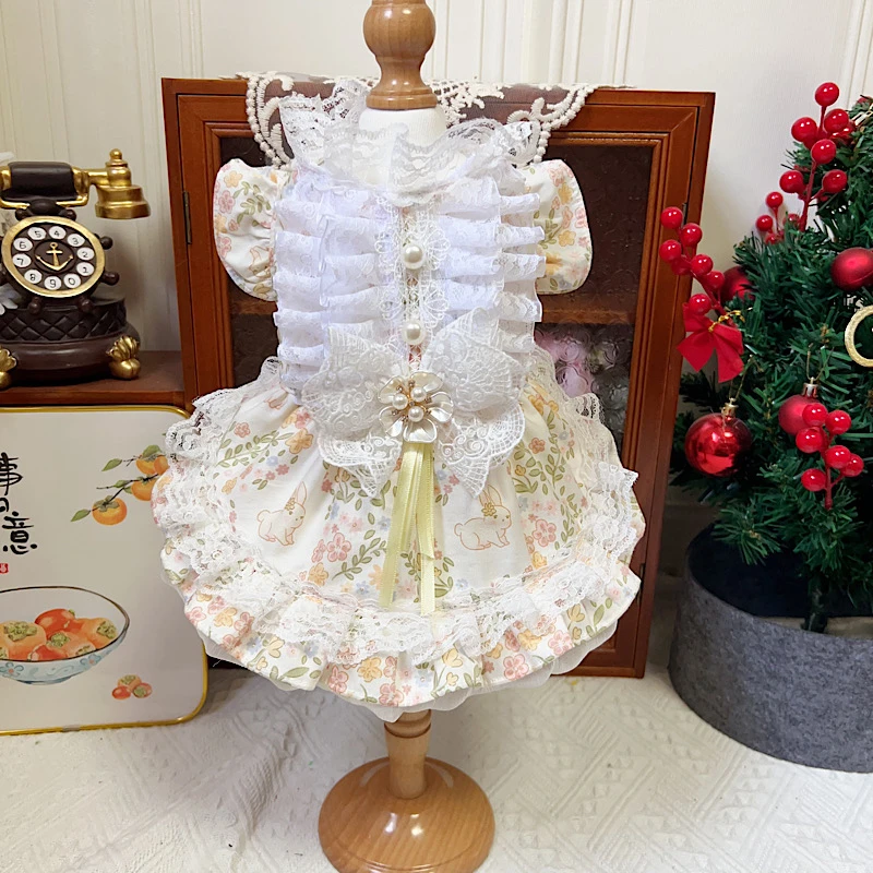 Spring New Beige White Pet Dog Clothes Pure Cotton Cute Print Handmade Princess Dress For Small Medium Dog Chihuahua Dog Outfits