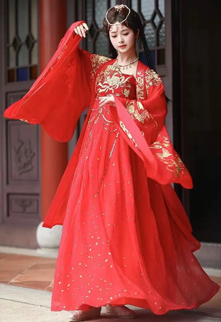 

Классическая красная вышивка Hanfu, женская традиционная китайская рубашка с большими рукавами, юбка Hezi, одежда принцессы на Хэллоуин, одежда для косплея Han