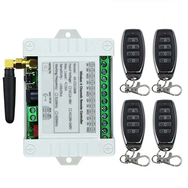 Smart Multiple DC 12V 24V 36V 10A 433 MHz 4CH 4 CH 4 Channel Wireless Relay RF Remote Control Switch Receiver+Metal Transmitter