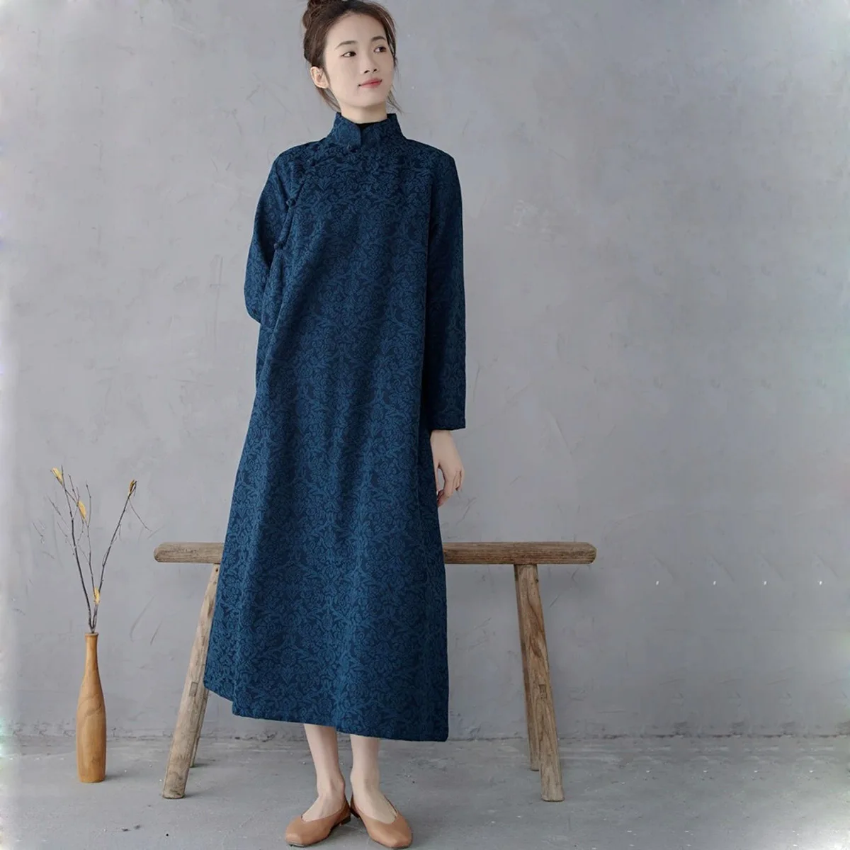 

Женское жаккардовое хлопково-льняное платье Ципао с длинными рукавами, повседневное винтажное китайское платье с воротником-стойкой и пуговицами-лягушкой, элегантное осеннее платье Cheongsam