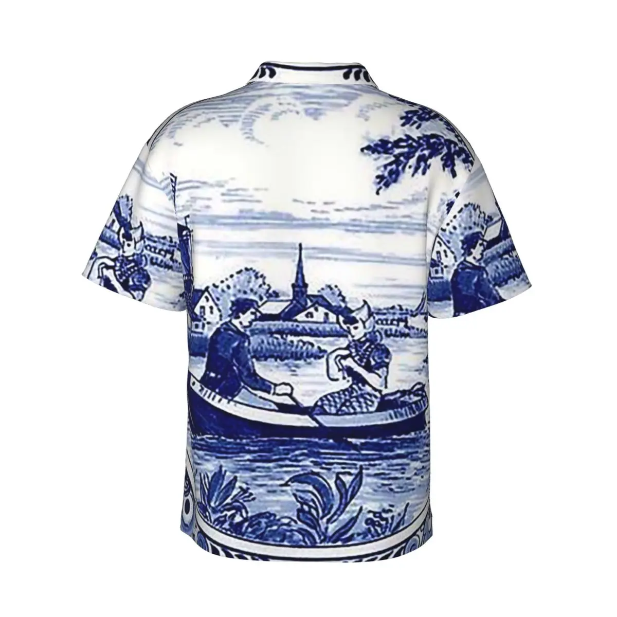 Dutch Blue Delft Windmill Church And Sailboats Men's Shirts Hawaiian Short Sleeve Shirt Casual Lapel Tops for Summer Beach
