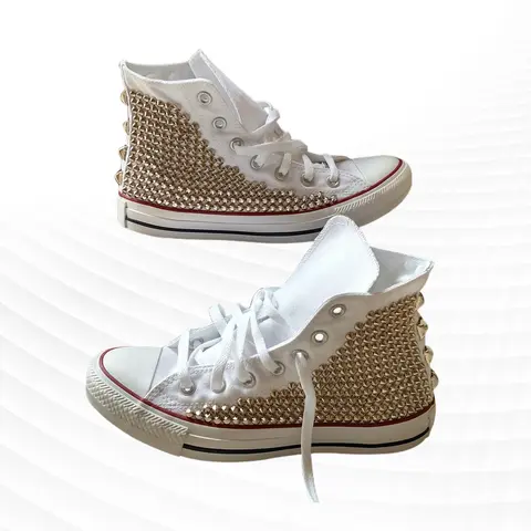 화이트 하이 탑 리벳 힙합 펑크 무대 캔버스 신발, 수제 대형 사이즈, 남녀공용 스포츠 캐주얼 신발, 35-44 화이트 하이 탑 리벳 힙합 펑크 무대 캔버스 신발, 수제 대형 사이즈, 남녀공용 스포츠 캐주얼 신발, 35-44