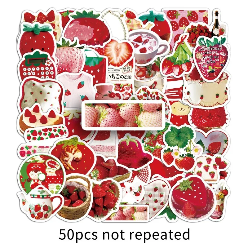 

50pcs/set INS Korean Sweet Strawberry Sticker DIY Decor Scrapbook Journal Cake Fruit Decal Kawaii Red Color Dessert Sticker