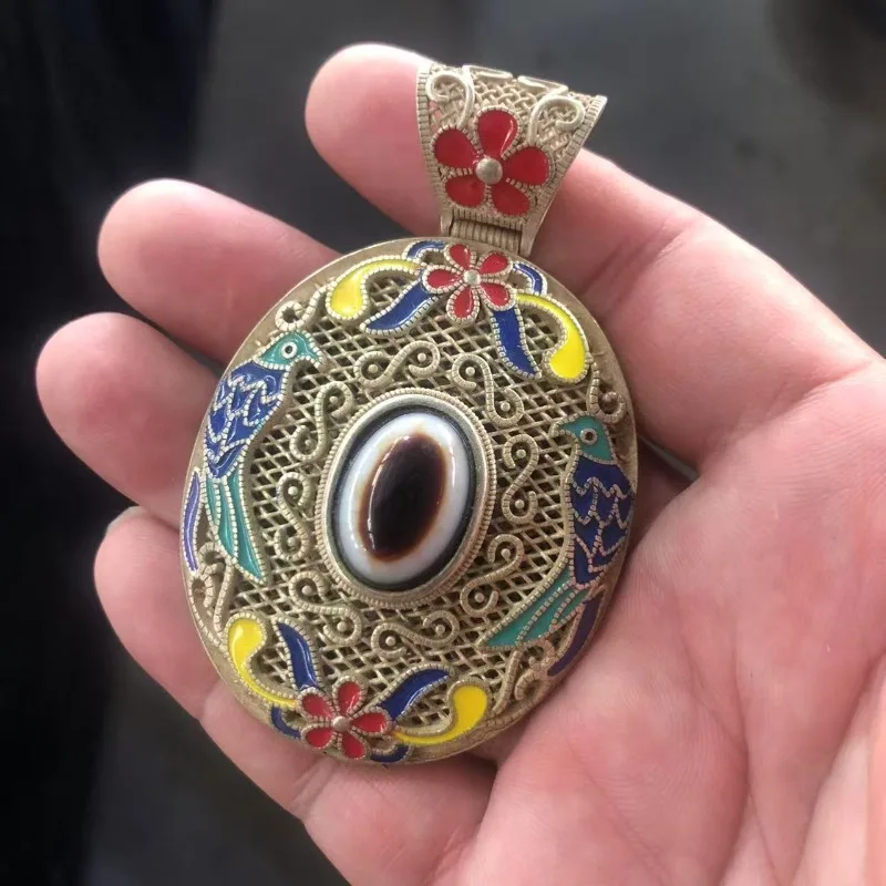 Vintage Tibetan Silver Inlaid Agate Sheep Eye Dzi Bead Sweater Chain Jade Pendant, Cloisonné Pendant Accessory