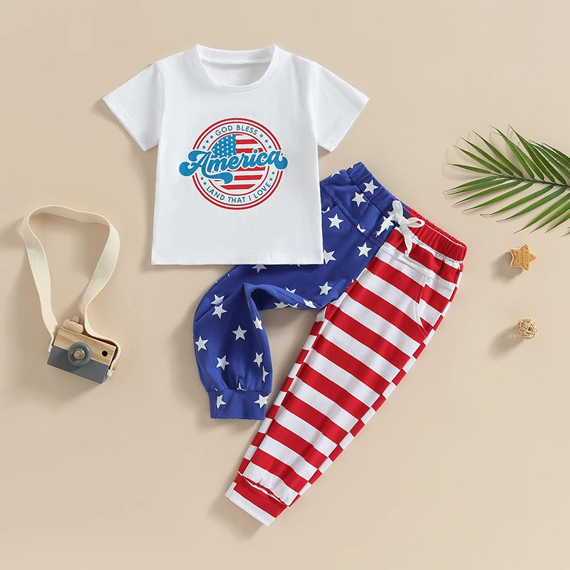 

4th of July Infant Outfit Set with Patriotic Letter Print T-Shirt and Stars Stripes Pants - Independence Day Baby Clothes