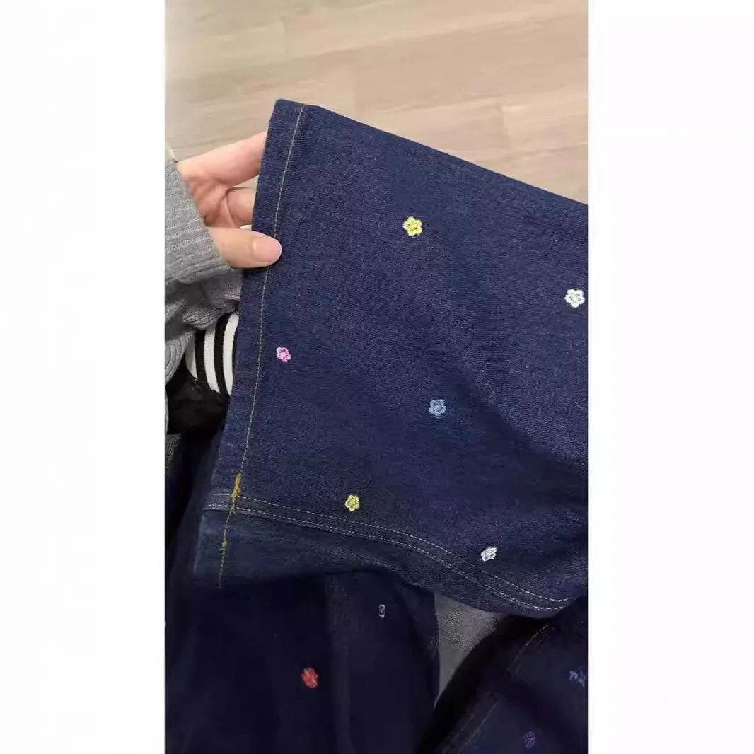 Guochao brand retro color flower high-waisted jeans women's summer loose wide-leg casual versatile straight trousers tide