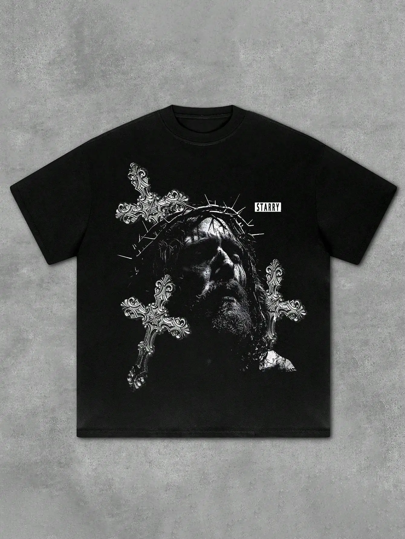 

[Graphic T-Shirt] 100% Cotton Unisex Jesus Crown of Thorns & Cross Print T-Shirt | 1pc Oversized Black/White Graphic Streetwear,