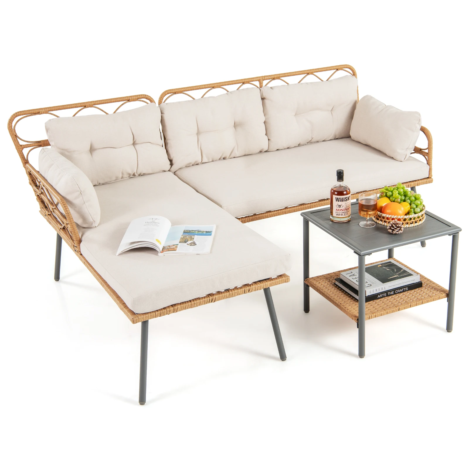 

3 PCS Corner Patio Furniture Cushioned Sofa Set w/ Small Coffee Table Outdoor