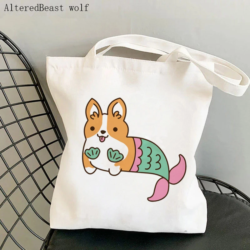 

Women Shopper bag Mermaid Corgi Printed Kawaii Bag Harajuku Shopping Canvas Shopper Bag girl handbag Tote Shoulder Lady Bag