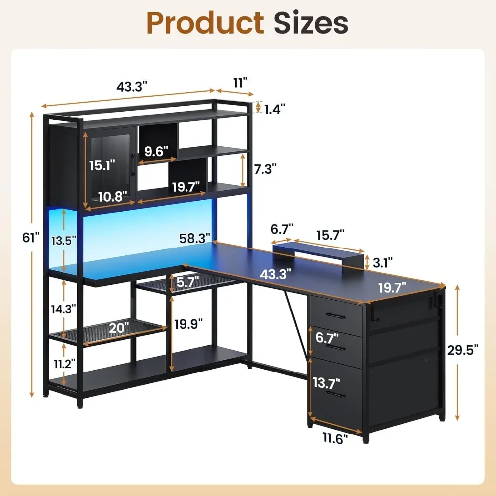 L Shaped Computer Desk, 58'' Office Desk with 3 Drawers and Bookshelf, L Shaped Corner Desk with Storage Shelves and LED Light