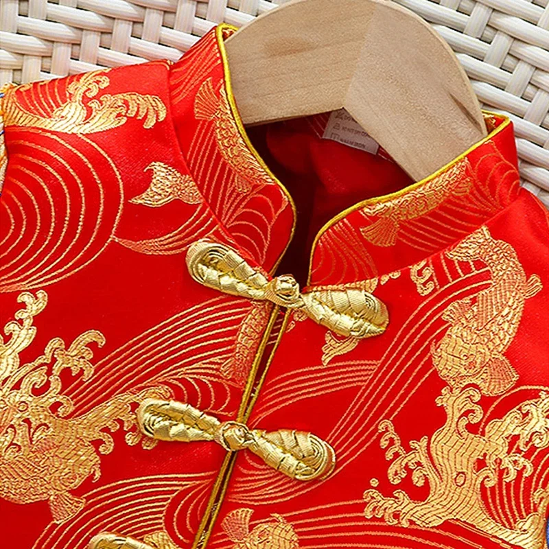 Kids Baby Girl Boy Red Hanfu Chinese New Year Tang Costume Long Sleeve Shirt Top Pant Suit Traditional Hanfu Photography Clothes