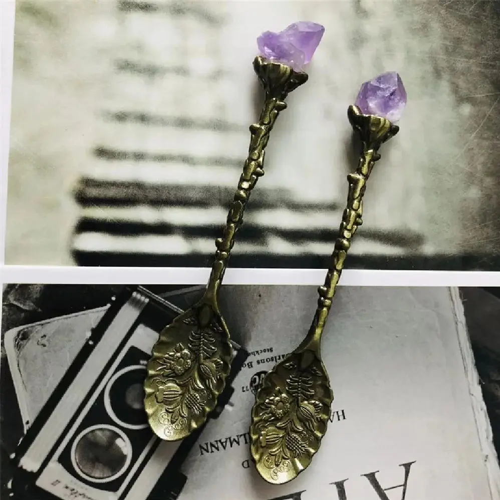 1 Pair Of Natural Amethyst Tooth Flower Spoon Coffee Spoon Dessert Copper Spoon Long Handle Vintage Ice Cream Mixing Spoon