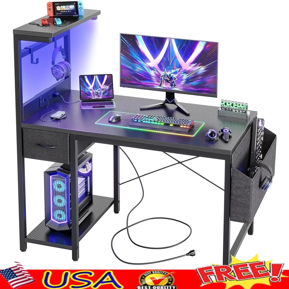 

Gaming Desk 40 Inch with Power Outlet and LED Light Computer Desk Reversible Shelves Storage Drawer Fast Charging Hook Design