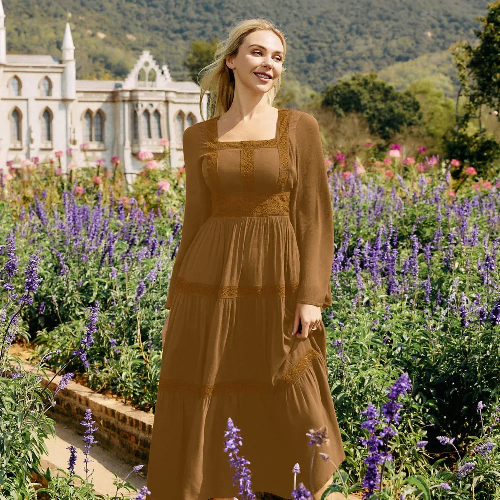 SD Women Renaissance Tiered Midi Dress Vintage Causal Fashion Long Sleeve Square Neck A-Line Dress Zip-up Female Mid-calf