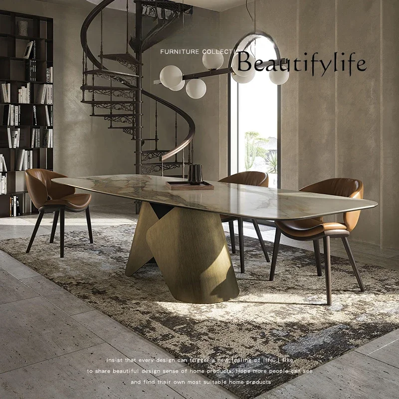 QQ NEW Italian minimalist natural marble dining table creative designer villa slate stainless steel dining table