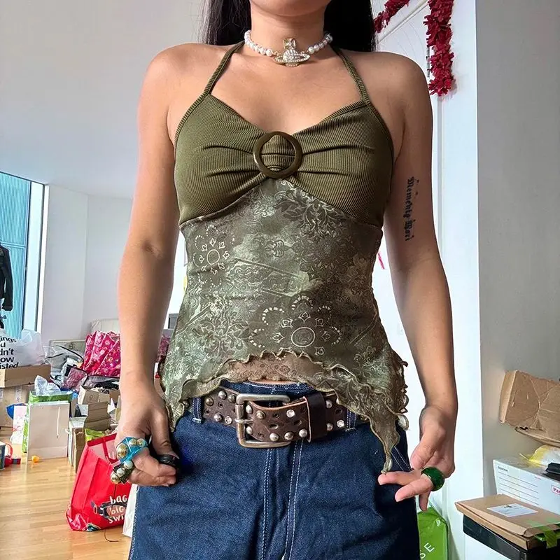 

Retro Flora Printed Edible Tree Fungus Design Camisole Vest for Women Personalized Slim Fit Hanging Neck Spicy Girl Backless Top