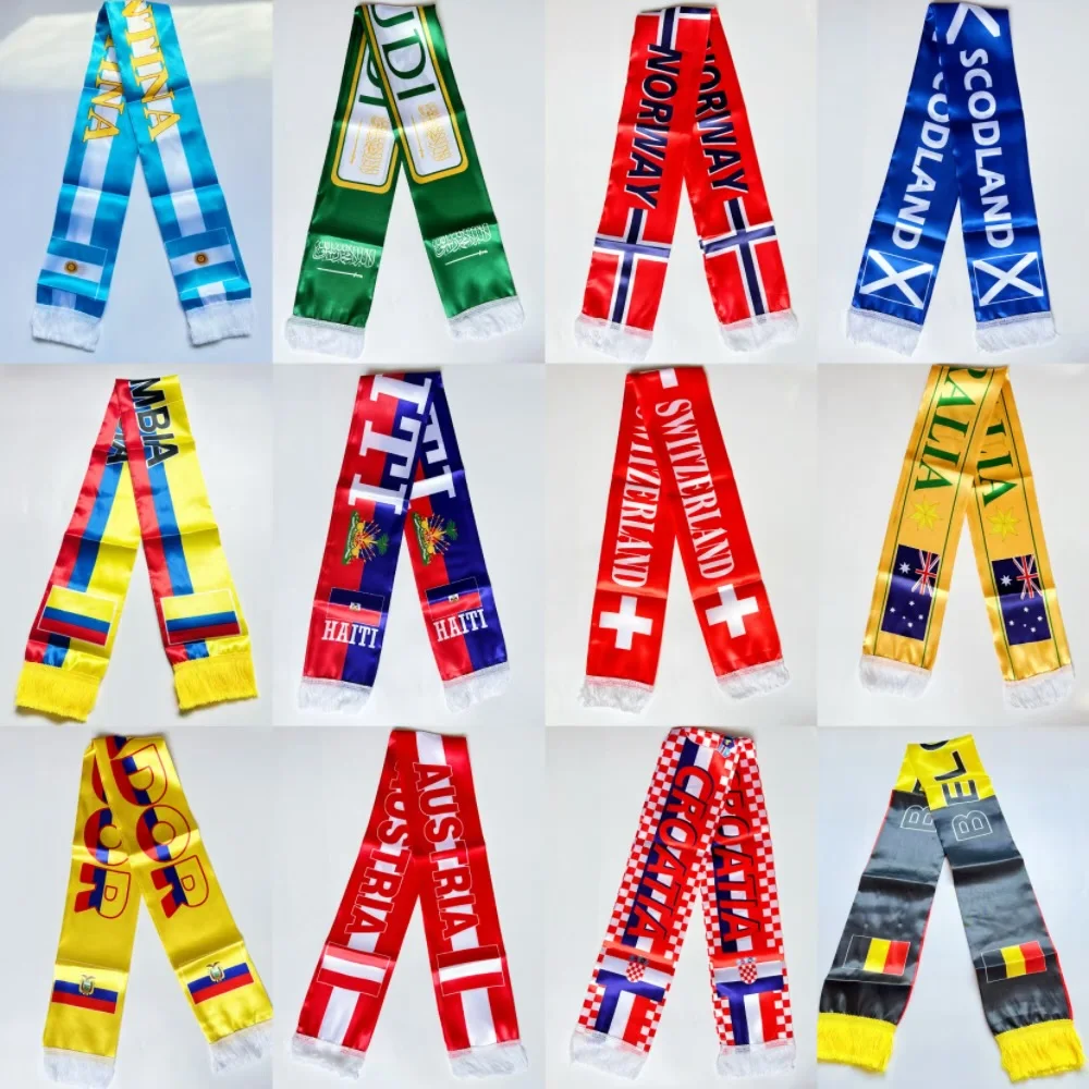 Cachecol de Cetim Dupla Face com Bandeiras de Haiti e Noruega 2026, 14x135cm, com Borlas, Ideal para Futebol e Esportes